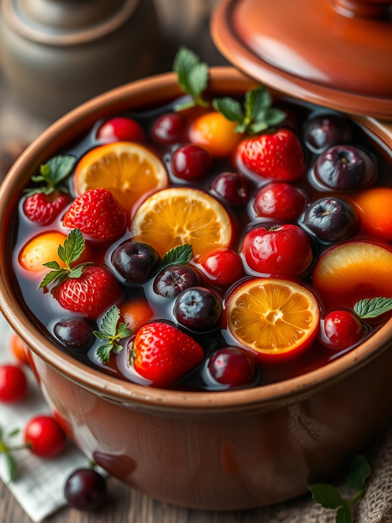Rumtopf: A Doce Tradição Alemã em Bebidas de Verão 🇩🇪🍹 2 Rumtopf, uma bebida alemã tradicional de frutas maceradas em rum, servida em um pote de cerâmica.