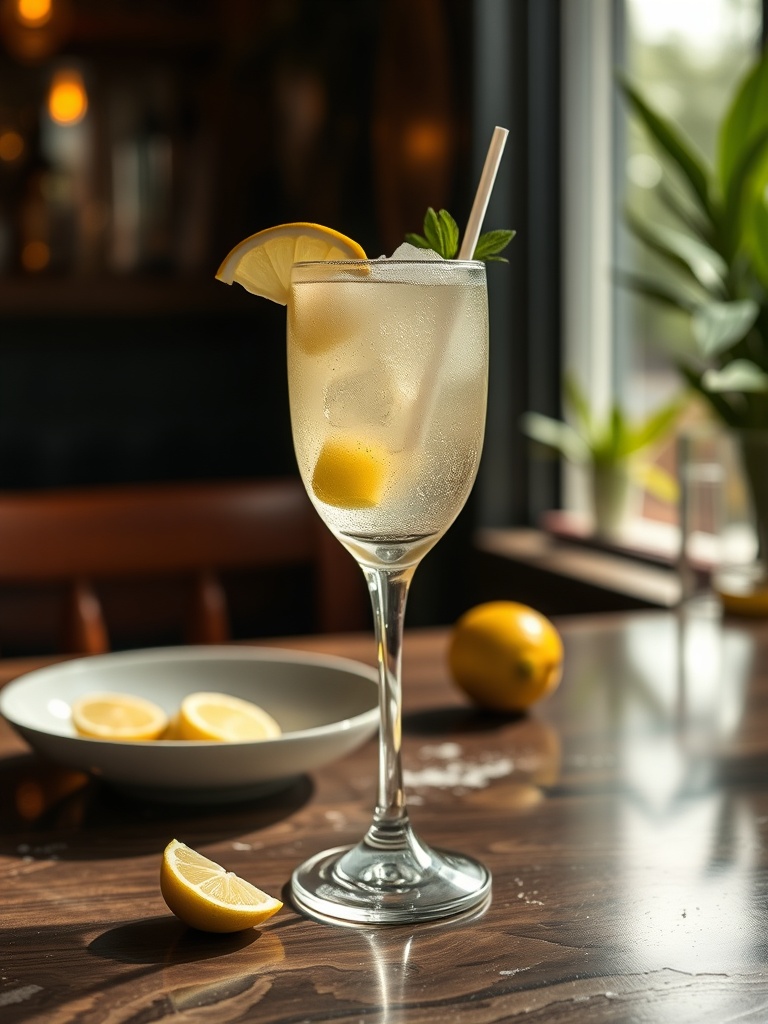 Tom Collins: O Clássico Refrescante dos Seus Coquetéis 2 Um copo alto de Tom Collins em um cenário refrescante, um dos coquetéis clássicos.