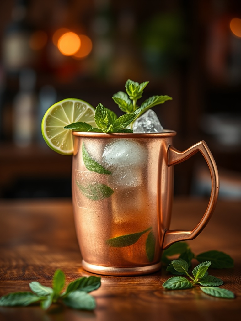 Um Gin Mule refrescante em um copo de cobre, decorado com limão e hortelã, um dos coquetéis mais populares.