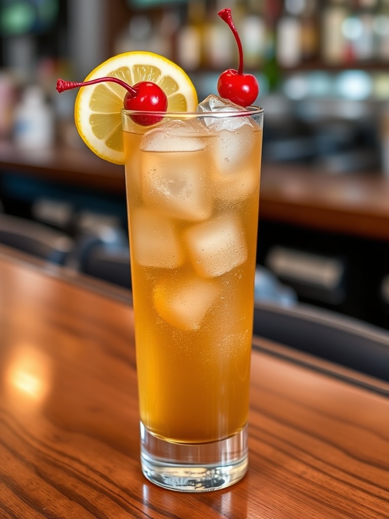 Long Island Iced Tea: O Coquetel Clássico Revelado 2 Um refrescante Coquetel Long Island Iced Tea em copo alto com guarnição de limão e cereja.