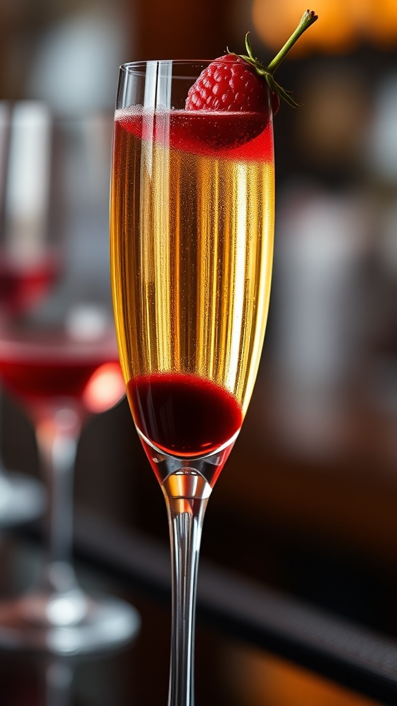 Kir Royal: O Coquetel Perfeito Para Celebrar 2 Kir Royal coquetel em taça de champanhe com licor de cassis e frutas vermelhas.
