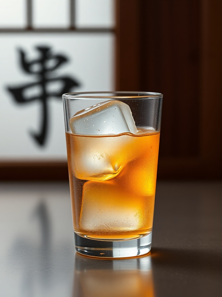 Mizuwari: A Elegante Bebida Japonesa de Whisky e Água | Deguste 2 Um copo refrescante de Mizuwari, a bebida japonesa de whisky e água, com gelo e fundo sereno.