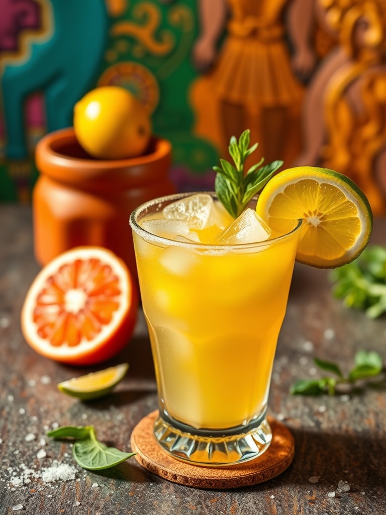 Cantarito: O Coquetel Mexicano Refrescante e Autêntico 🍹 2 Um refrescante coquetel Cantarito mexicano servido em copo de barro com frutas cítricas e sal.