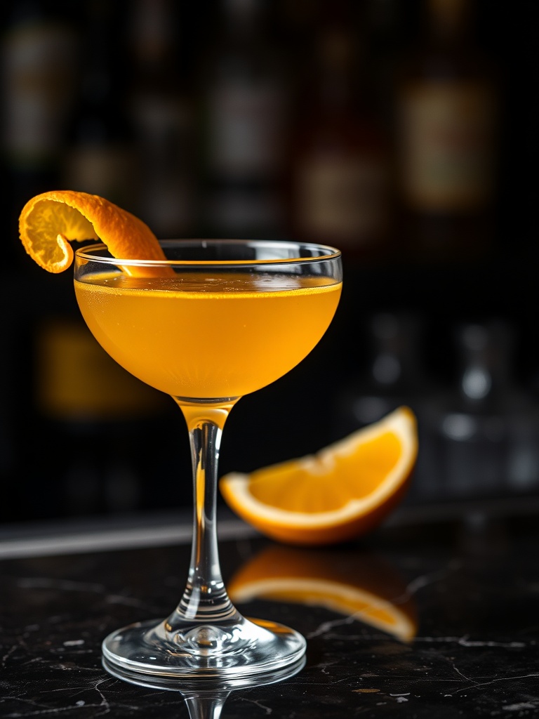 Um copo de coquetel Sidecar clássico com guarnição de casca de laranja em um ambiente de bar sofisticado.