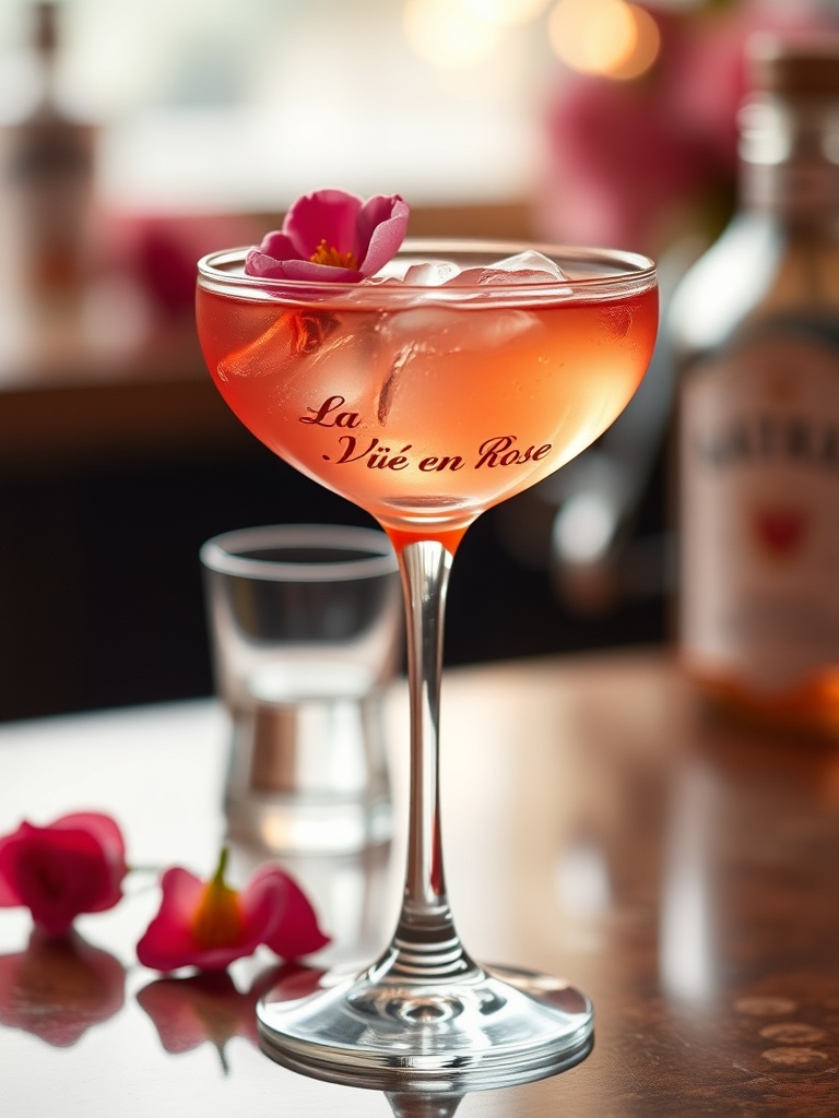 La Vie en Rose: O Coquetel Francês que Celebra a Vida 2 Um elegante coquetel La Vie en Rose servido em taça de champanhe, com pétalas de rosa e uma fatia de limão, evocando o romance francês.